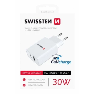 SWISSTEN Zasilacz / sieciowy adapter 30W, 2-portowy, USB-C, USB-A, Szybkie ładowanie GaN