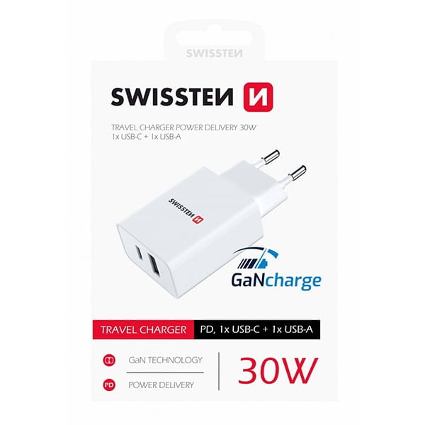 SWISSTEN Zasilacz / sieciowy adapter 30W, 2-portowy, USB-C, USB-A, Szybkie ładowanie GaN