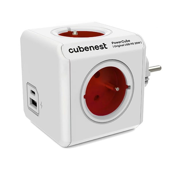 Listwa zasilająca 250V, CEE7 (widelec) - POWERCUBE, 0.1m, ORIGINAL USB, czerwona, POWERCUBE, 4 gniazdka + 2 porty USB
