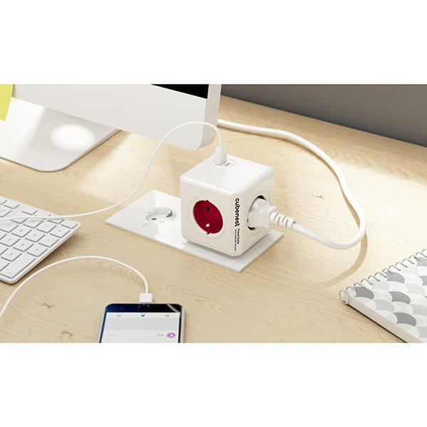 Listwa zasilająca 250V, CEE7 (widelec) - POWERCUBE, 0.1m, ORIGINAL USB, czerwona, POWERCUBE, 4 gniazdka + 2 porty USB
