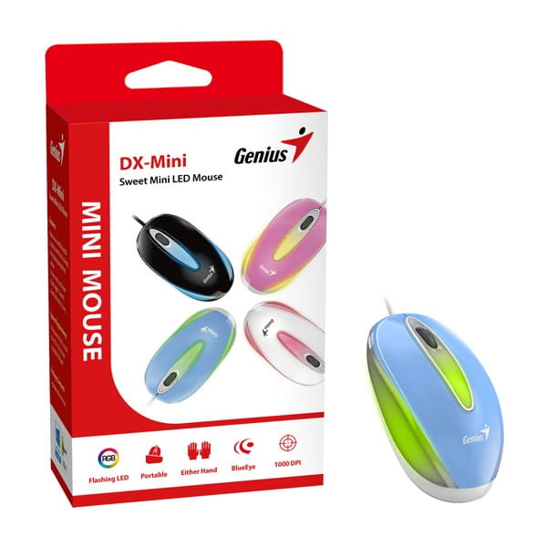Genius Mysz DX-Mini, 1000DPI, optyczna, 3kl., przewodowa USB, niebieska, klasyczna, podświetlenie RGB