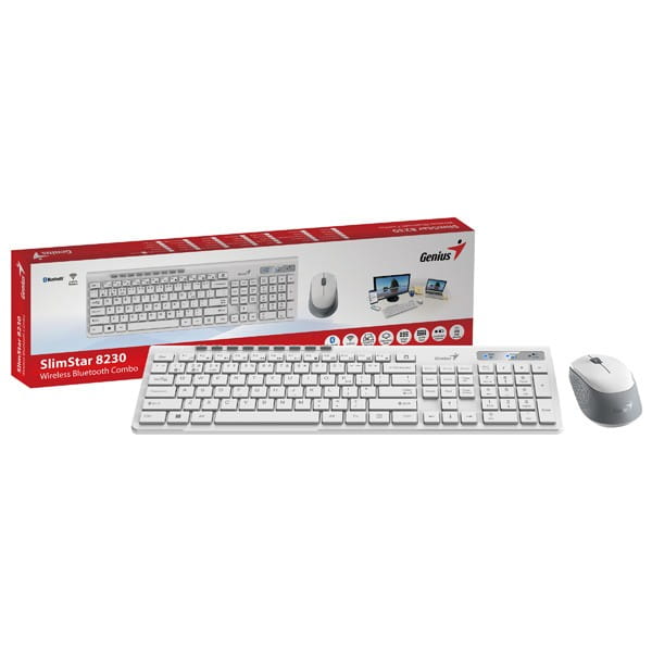 Genius SlimStar 8230, zestaw klawiatura z myszą optyczną bezprzewodową, 1x AA, 1x AA, CZ/SK, klasyczna, bezprzewodowa, biała, nie