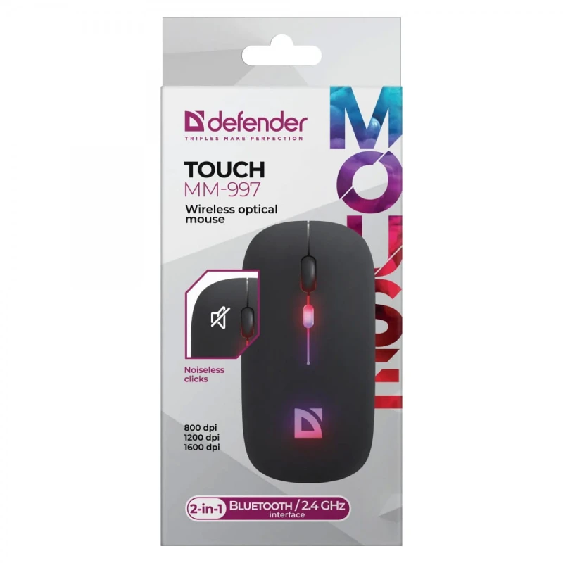 Defender Mysz TOUCH MM-997, 1600DPI, Bluetooth a 2,4GHz, optyczna, 4kl., bezprzewodowa, czarna, wbudowany akumulator, nano odbiorn