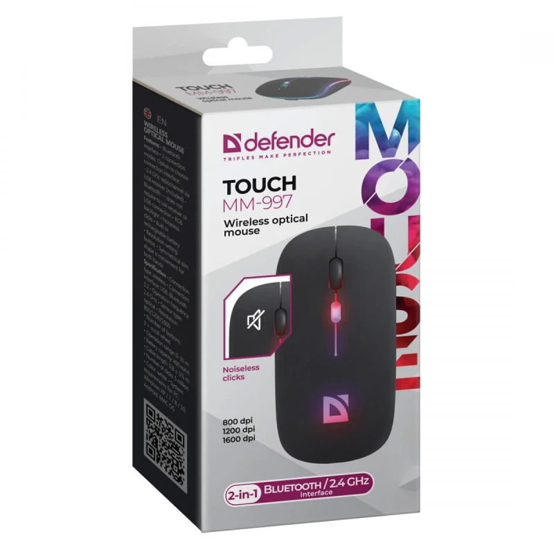 Defender Mysz TOUCH MM-997, 1600DPI, Bluetooth a 2,4GHz, optyczna, 4kl., bezprzewodowa, czarna, wbudowany akumulator, nano odbiorn