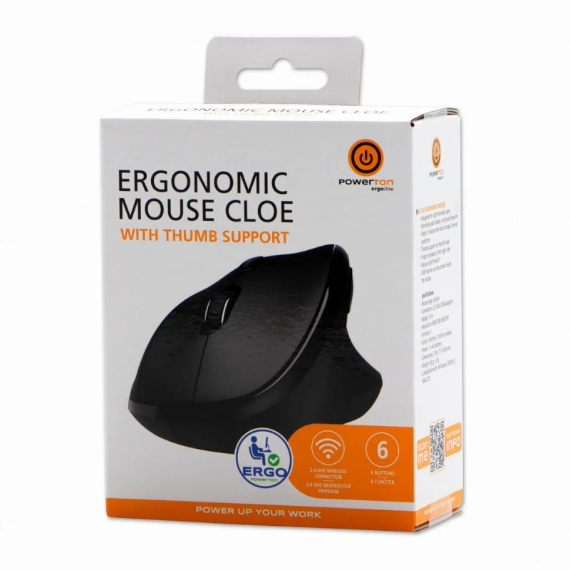 Powerton Mysz CLOE, 1600DPI, 2.4 [GHz], optyczna, 6kl., bezprzewodowa, czarna, 1 szt AA, ergonomiczna