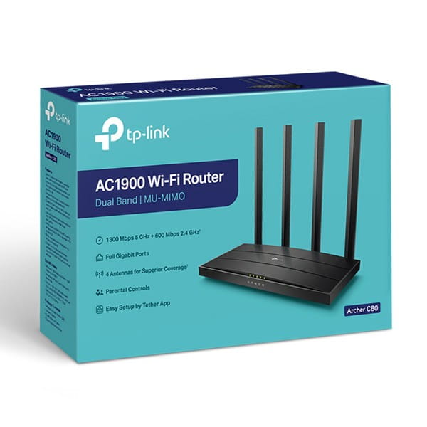 TP-LINK router Archer C80 2.4GHz i 5GHz, access point, IPv6, 1300Mbps, stały anténa, 802.11ac, kontrola rodzicielska, sieć dla goś
