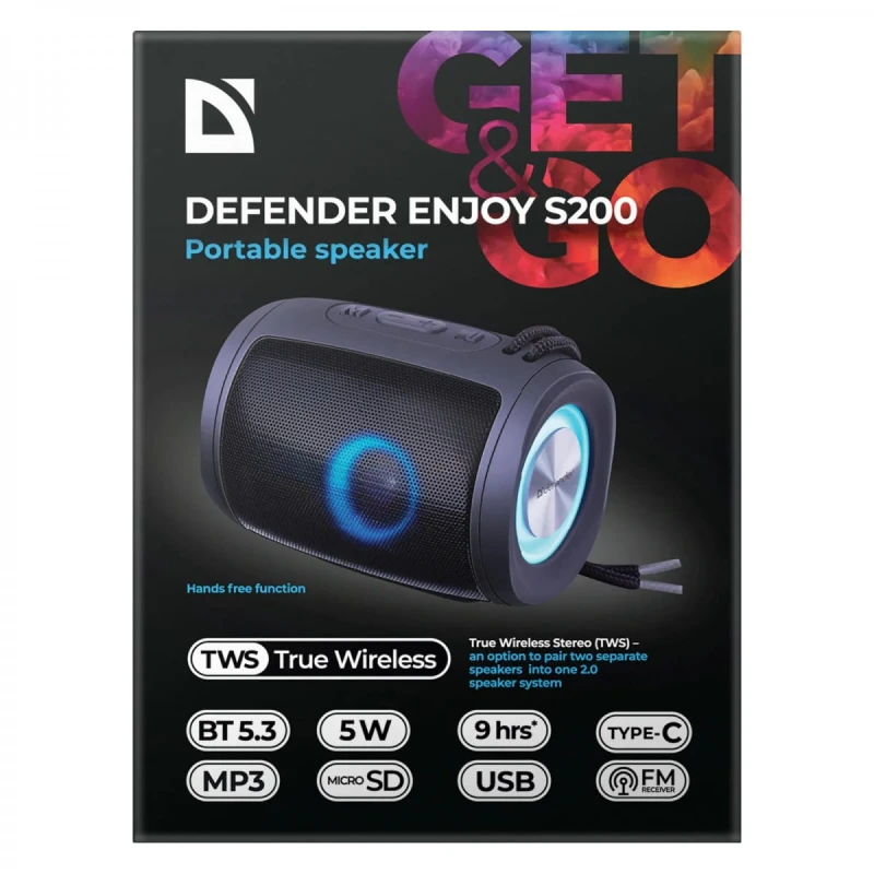 Defender głośnik ENJOY S200, Li-Ion, 1.0, 5W, czarny, regulacja głośności, przenośny, z podświetleniem LED, wbudowany akum., 80Hz~