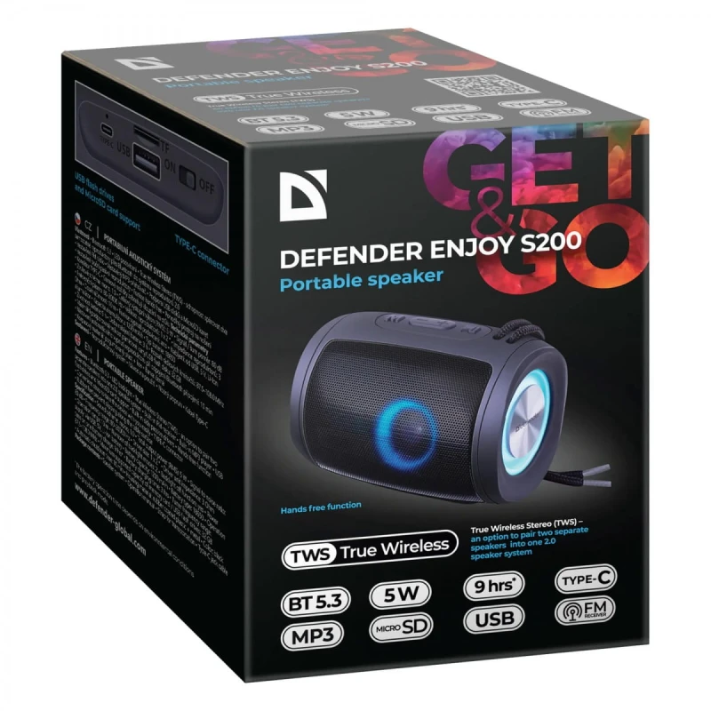 Defender głośnik ENJOY S200, Li-Ion, 1.0, 5W, czarny, regulacja głośności, przenośny, z podświetleniem LED, wbudowany akum., 80Hz~