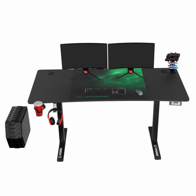 ULTRADESK Biurko dla gracza LEVEL V2 GREEN, 140x68cm, 72-117cm, elektycznie regulowany, z podkładką pod mysz XXL, uchwyt na słucha