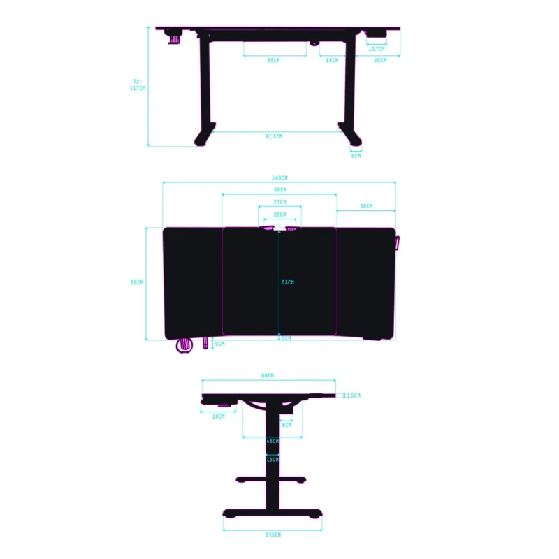 ULTRADESK Biurko dla gracza LEVEL V2 GREEN, 140x68cm, 72-117cm, elektycznie regulowany, z podkładką pod mysz XXL, uchwyt na słucha