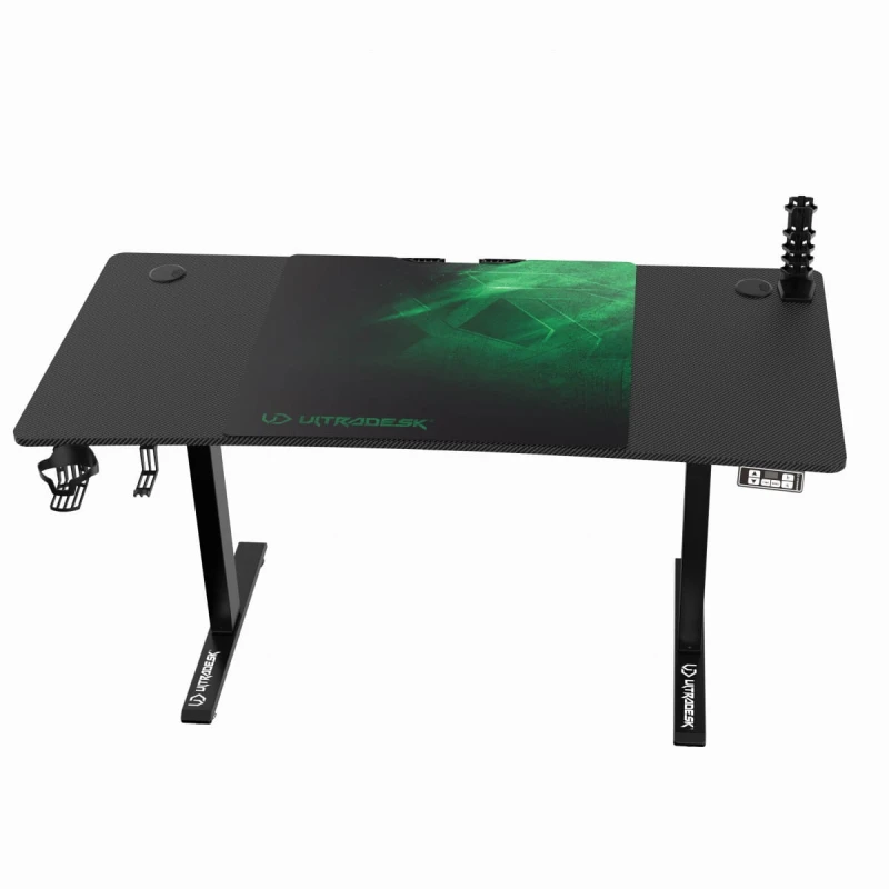 ULTRADESK Biurko dla gracza LEVEL V2 GREEN, 140x68cm, 72-117cm, elektycznie regulowany, z podkładką pod mysz XXL, uchwyt na słucha