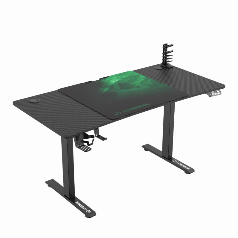 ULTRADESK Biurko dla gracza LEVEL V2 GREEN, 140x68cm, 72-117cm, elektycznie regulowany, z podkładką pod mysz XXL, uchwyt na słucha