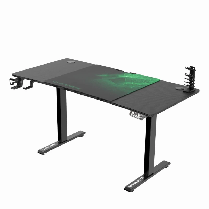 ULTRADESK Biurko dla gracza LEVEL V2 GREEN, 140x68cm, 72-117cm, elektycznie regulowany, z podkładką pod mysz XXL, uchwyt na słucha
