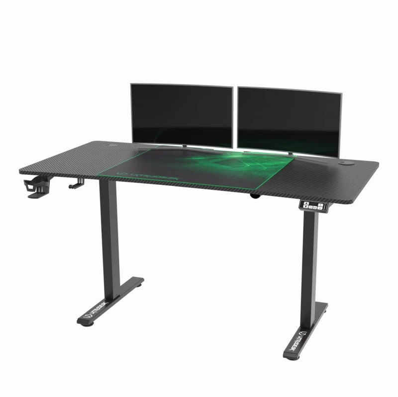 ULTRADESK Biurko dla gracza LEVEL V2 GREEN, 140x68cm, 72-117cm, elektycznie regulowany, z podkładką pod mysz XXL, uchwyt na słucha
