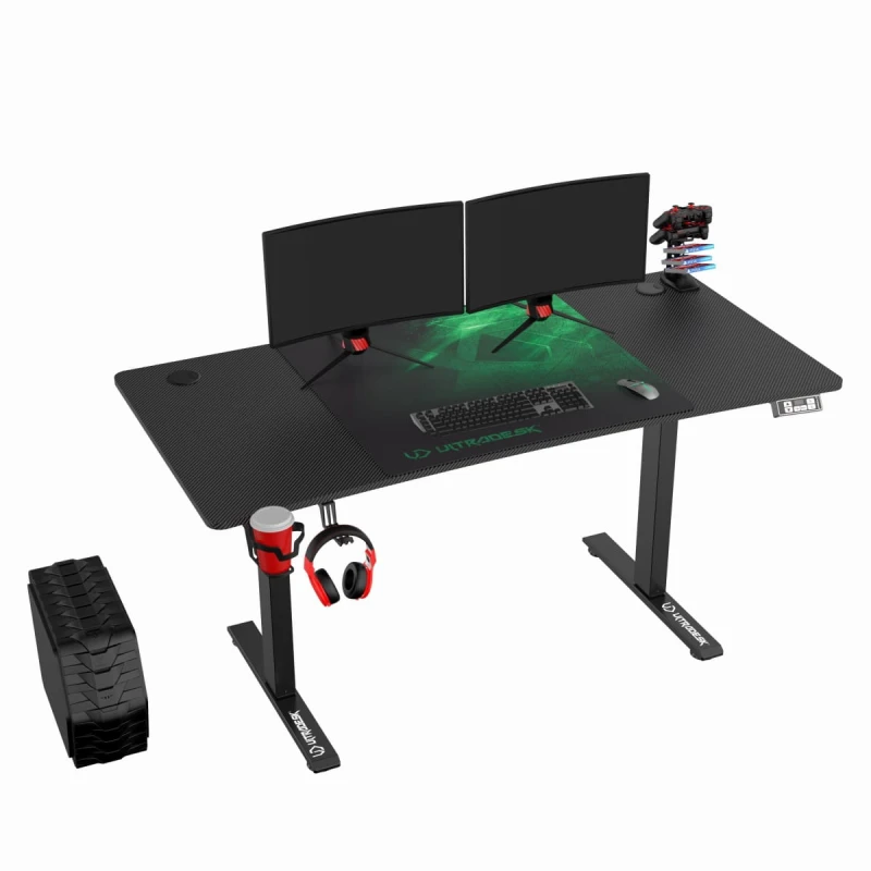 ULTRADESK Biurko dla gracza LEVEL V2 GREEN, 140x68cm, 72-117cm, elektycznie regulowany, z podkładką pod mysz XXL, uchwyt na słucha
