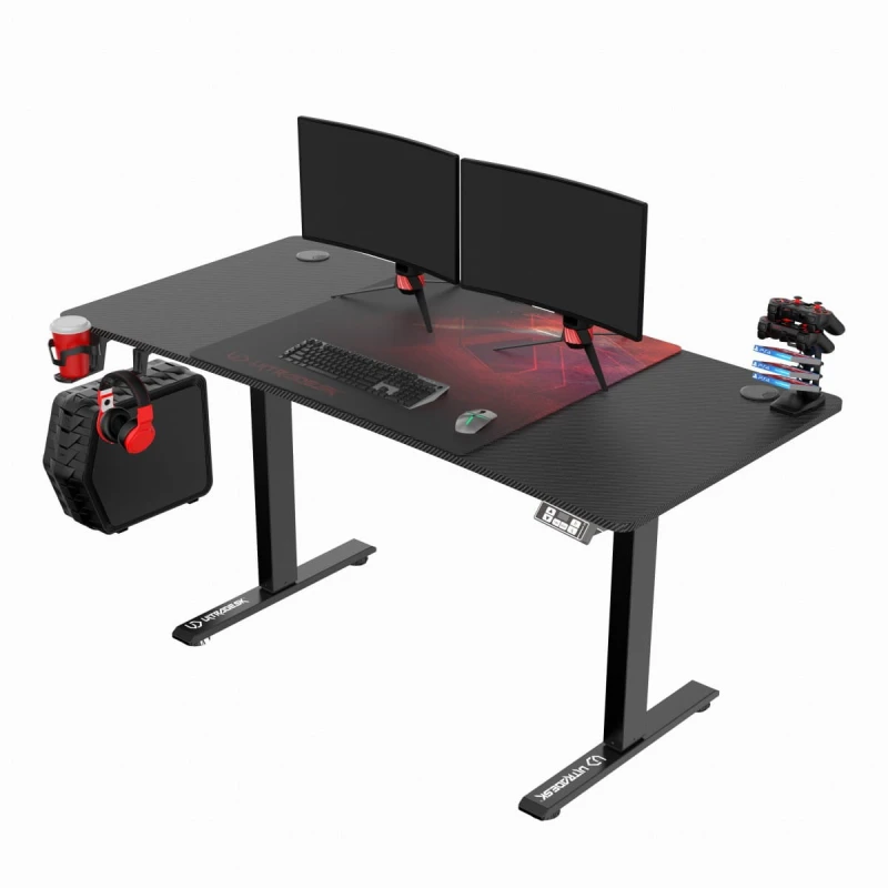 ULTRADESK Biurko dla gracza LEVEL V2 RED, 140x68cm, 72-117cm, elektycznie regulowany, z podkładką pod mysz XXL, uchwyt na słuchawk