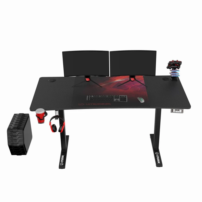 ULTRADESK Biurko dla gracza LEVEL V2 RED, 140x68cm, 72-117cm, elektycznie regulowany, z podkładką pod mysz XXL, uchwyt na słuchawk