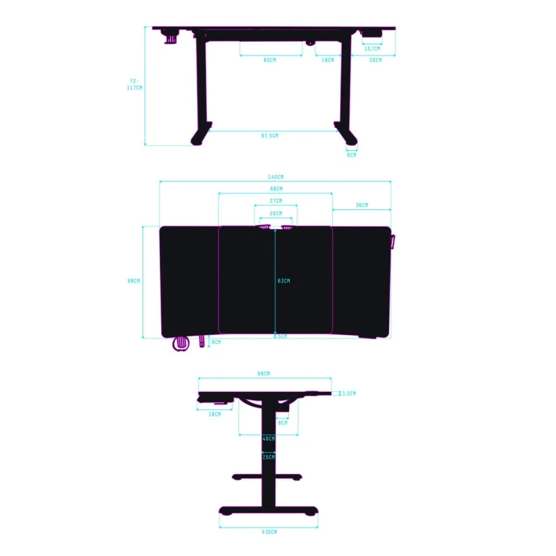 ULTRADESK Biurko dla gracza LEVEL V2 RED, 140x68cm, 72-117cm, elektycznie regulowany, z podkładką pod mysz XXL, uchwyt na słuchawk