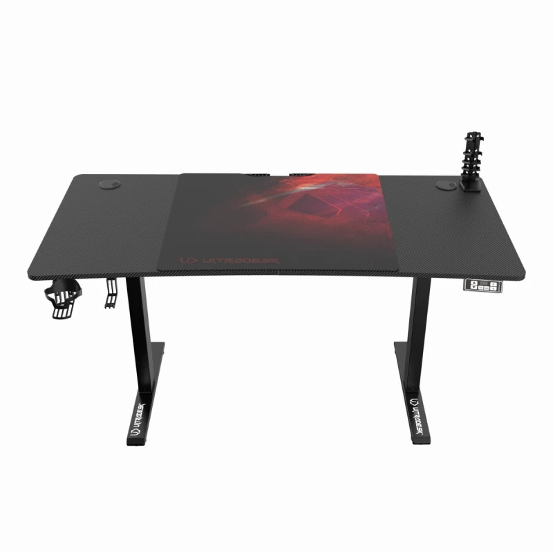 ULTRADESK Biurko dla gracza LEVEL V2 RED, 140x68cm, 72-117cm, elektycznie regulowany, z podkładką pod mysz XXL, uchwyt na słuchawk