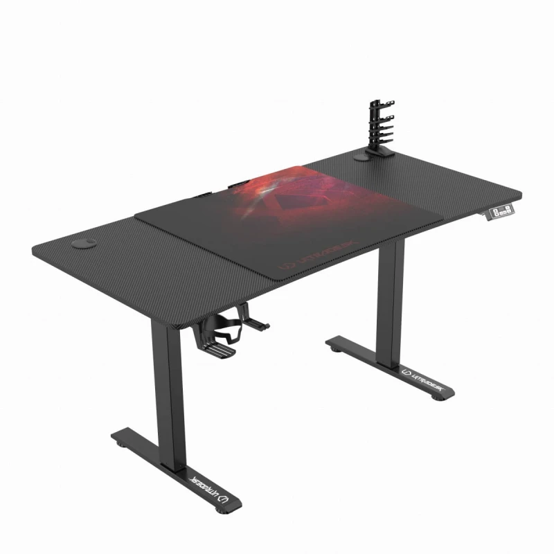 ULTRADESK Biurko dla gracza LEVEL V2 RED, 140x68cm, 72-117cm, elektycznie regulowany, z podkładką pod mysz XXL, uchwyt na słuchawk