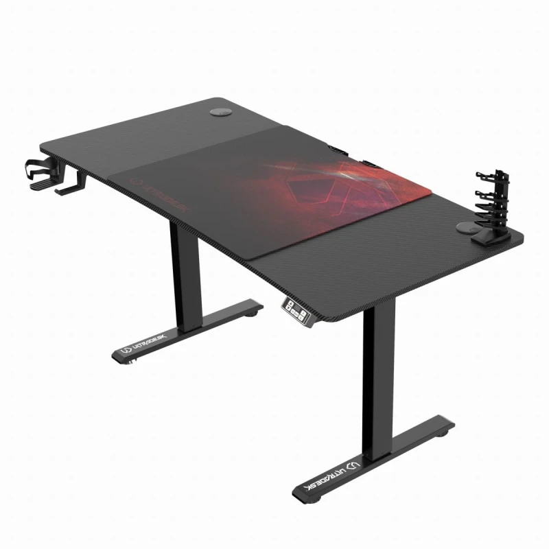 ULTRADESK Biurko dla gracza LEVEL V2 RED, 140x68cm, 72-117cm, elektycznie regulowany, z podkładką pod mysz XXL, uchwyt na słuchawk