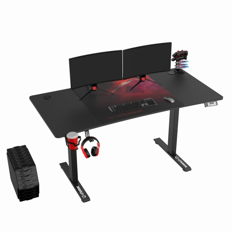 ULTRADESK Biurko dla gracza LEVEL V2 RED, 140x68cm, 72-117cm, elektycznie regulowany, z podkładką pod mysz XXL, uchwyt na słuchawk