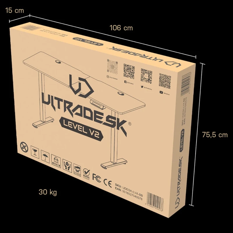 ULTRADESK Biurko dla gracza LEVEL V2 RED, 140x68cm, 72-117cm, elektycznie regulowany, z podkładką pod mysz XXL, uchwyt na słuchawk