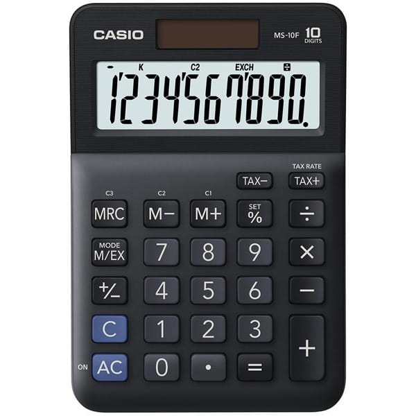 Casio Kalkulator MS 10 F, czarna, stołowy, funkcja konwersji walut, %, VAT