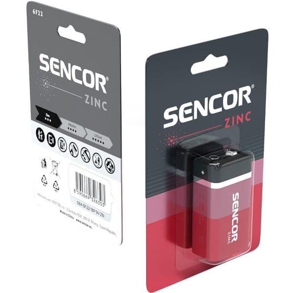 Bateria cynkowo-węglowa, 6F22, 9V, Sencor, blistr, 1-pack