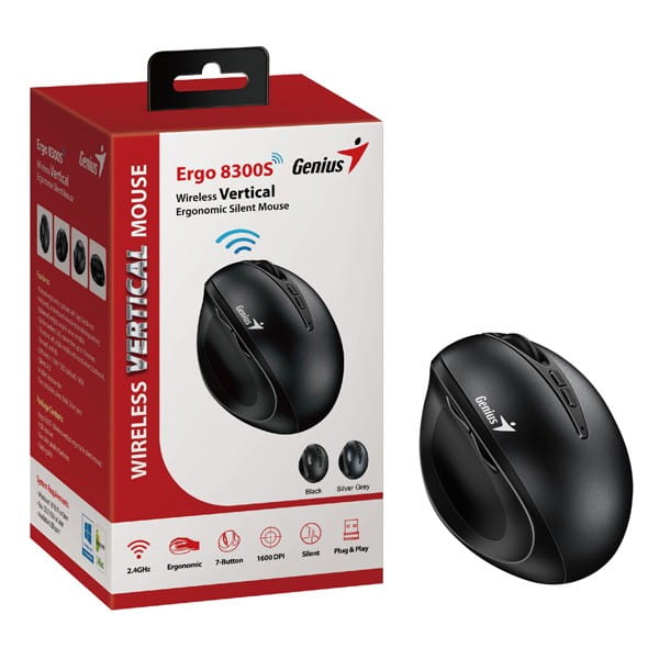 Genius Mysz Ergo 8300S, 1600DPI, 2.4 [GHz], optyczna, 7kl., bezprzewodowa, czarna, 2 szt AAA, wertykalna