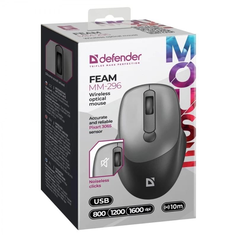 Mysz bezprzewodowa, Defender FEAM MM-296, czarno-szara, optyczna, 1600DPI