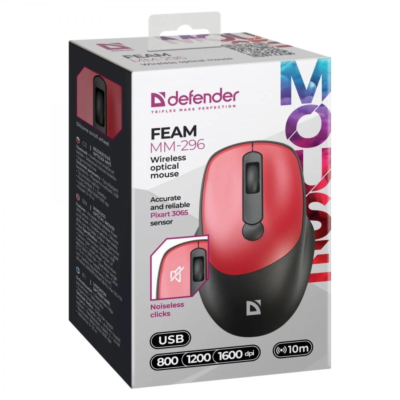 Mysz bezprzewodowa, Defender FEAM MM-296, czarno-czerwona, optyczna, 1600DPI