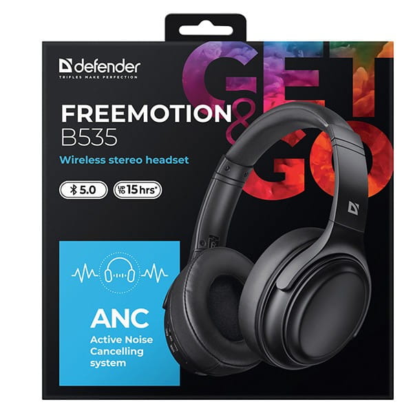 Defender FreeMotion B535, słuchawki z mikrofonem, regulacja głośności, czarna, 2.0, ANC, 40 mm przetworniki typ USB