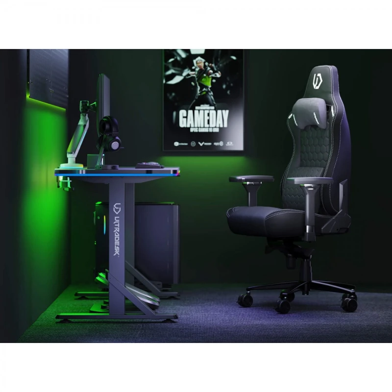 ULTRADESK Biurko dla gracza IRON, 132,5x60,5 cm, 71-81  cm, elektycznie regulowany, podświetlenie RGB