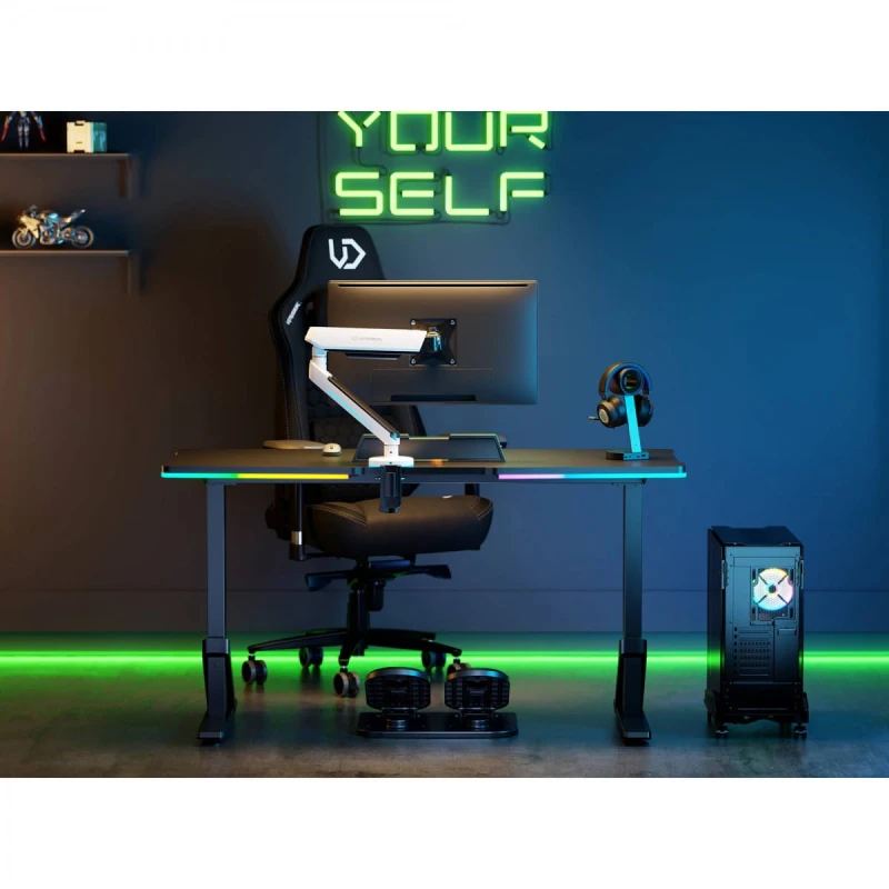 ULTRADESK Biurko dla gracza IRON, 132,5x60,5 cm, 71-81  cm, elektycznie regulowany, podświetlenie RGB