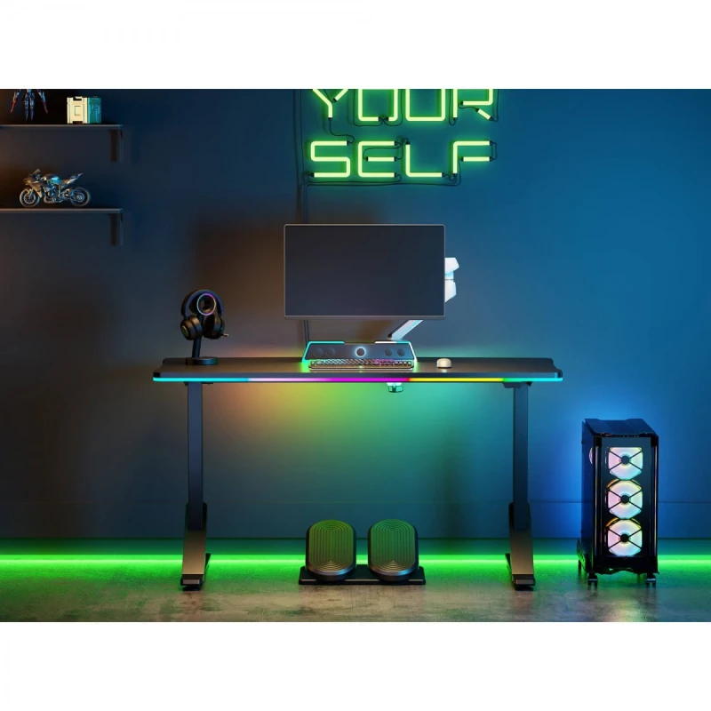 ULTRADESK Biurko dla gracza IRON, 132,5x60,5 cm, 71-81  cm, elektycznie regulowany, podświetlenie RGB