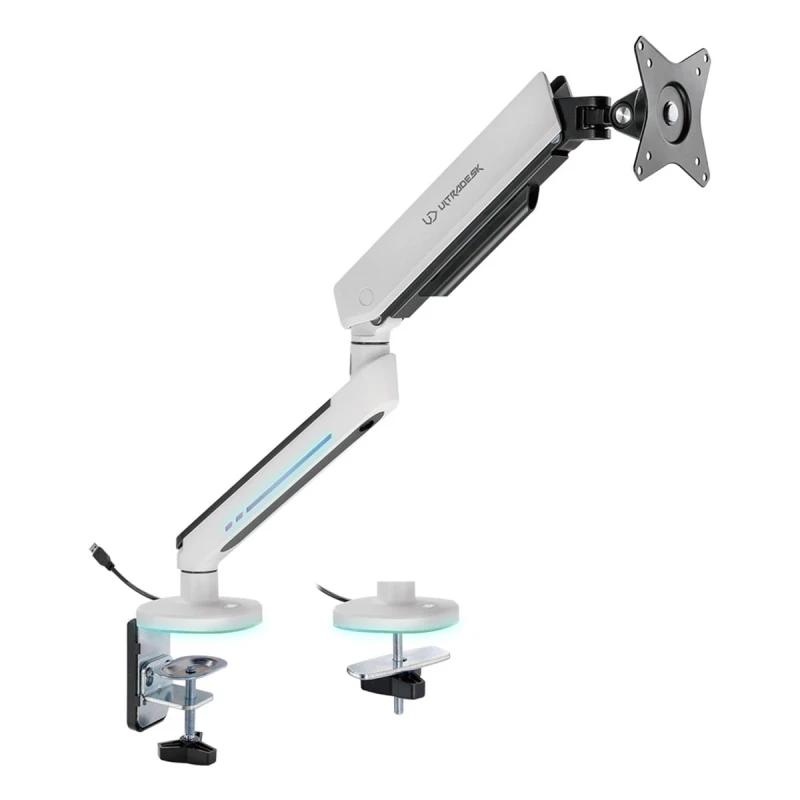 Regulowany uchwyt ULTRADESK OFFSHOOT Single na monitor, 9KG, mocowanie na zacisk, 17"-32", 75x75/100x100, biały