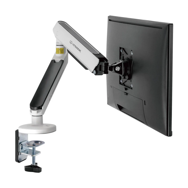 Regulowany uchwyt ULTRADESK OFFSHOOT Single na monitor, 9KG, mocowanie na zacisk, 17"-32", 75x75/100x100, biały