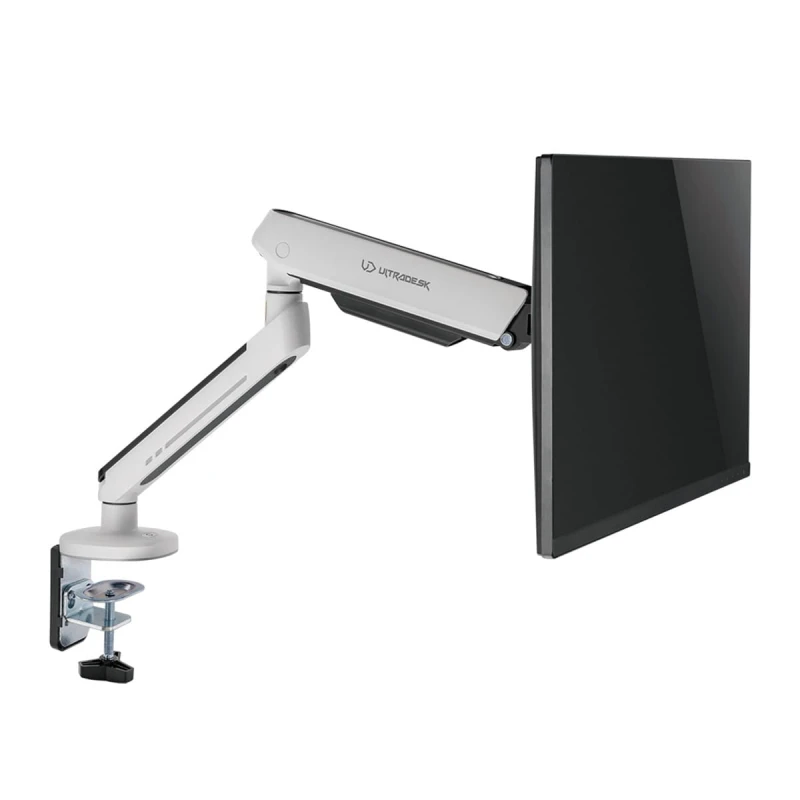 Regulowany uchwyt ULTRADESK OFFSHOOT Single na monitor, 9KG, mocowanie na zacisk, 17"-32", 75x75/100x100, biały