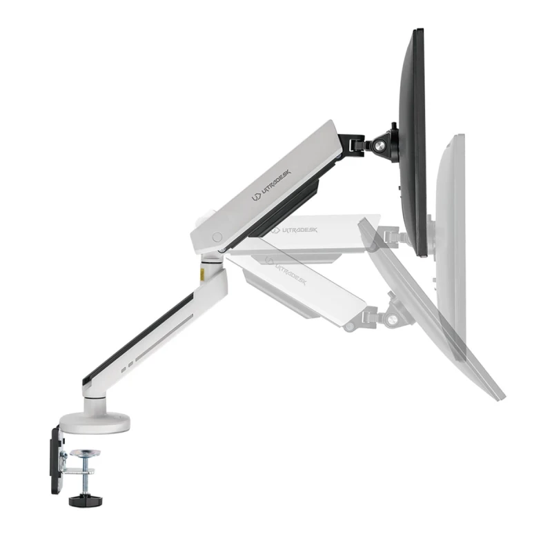 Regulowany uchwyt ULTRADESK OFFSHOOT Single na monitor, 9KG, mocowanie na zacisk, 17"-32", 75x75/100x100, biały