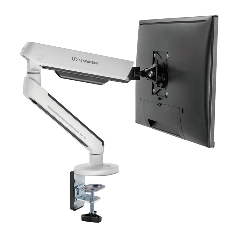 Regulowany uchwyt ULTRADESK OFFSHOOT Single na monitor, 9KG, mocowanie na zacisk, 17"-32", 75x75/100x100, biały