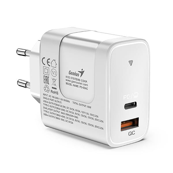 Genius Zasilacz / sieciowy adapter 65W, 2-portowy, USB-C, USB-A