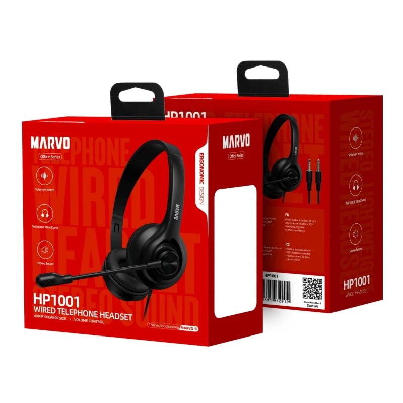 Marvo HP1001, słuchawki z mikrofonem, regulacja głośności, czarna, 2 x 3.5 mm Jack