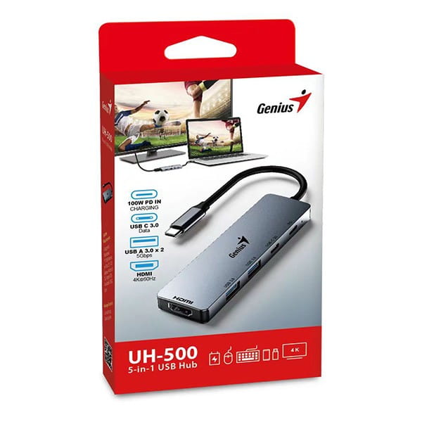 USB (3.0) hub 5-port, UH-500, szary, Genius, 2x USB 3.0,1x HDMI,2x USB-C,Power Delivery 100W