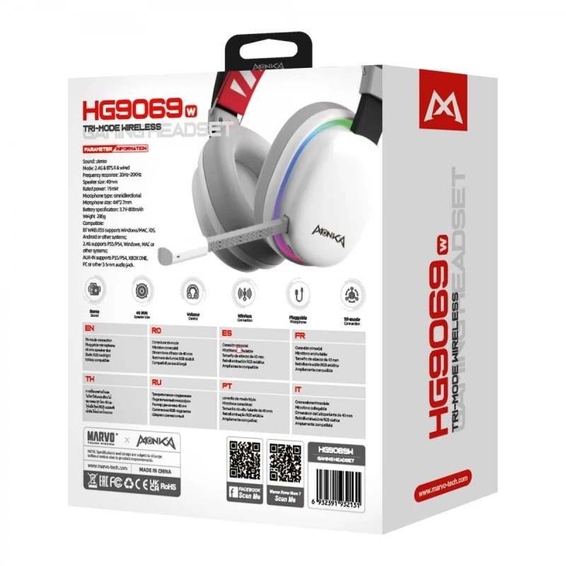 Marvo MONKA HG9069W, słuchawki z mikrofonem, biała, podświetlona, Tri-mode