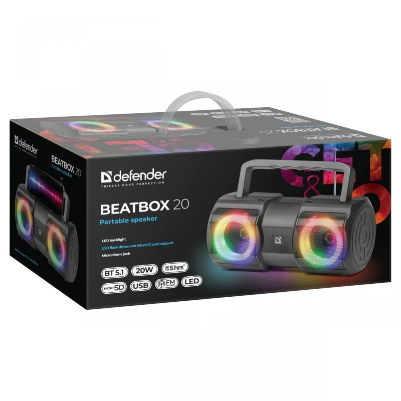 Defender głośnik BEATBOX 20, Li-Ion, 2.0, 20W, czarny, regulacja głośności, przenośny, z podświetleniem LED, wbudowany akum., 80Hz