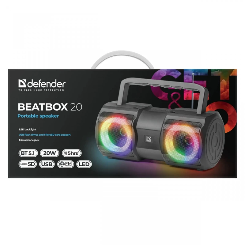Defender głośnik BEATBOX 20, Li-Ion, 2.0, 20W, czarny, regulacja głośności, przenośny, z podświetleniem LED, wbudowany akum., 80Hz
