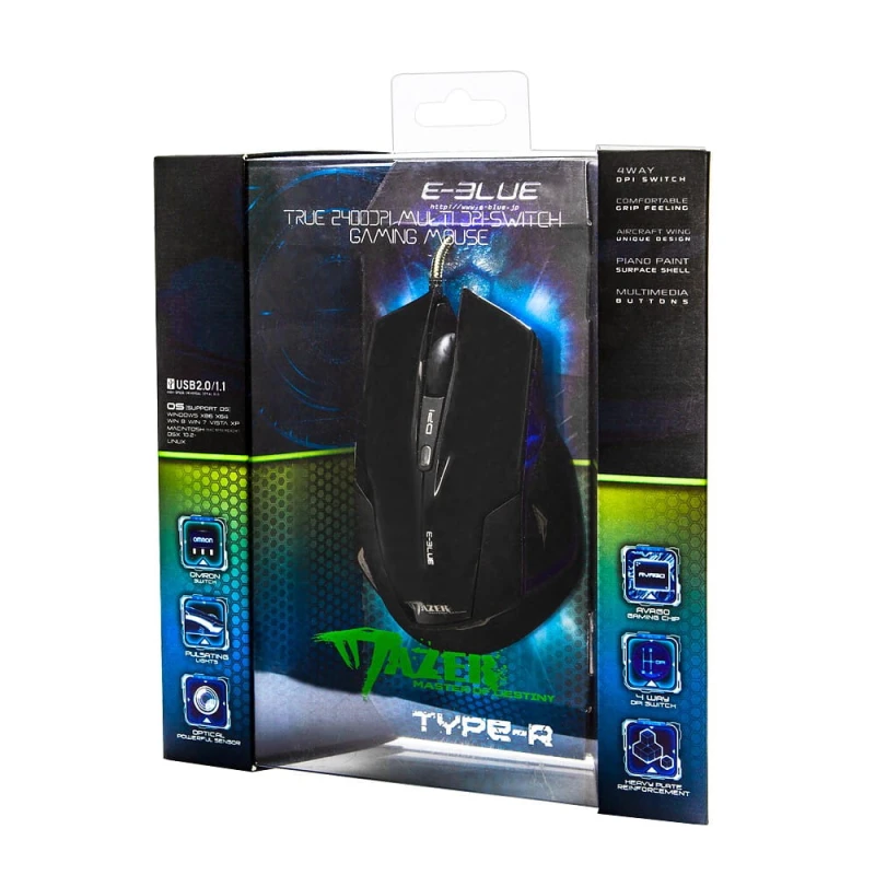 E-Blue Mysz Mazer R, 2400DPI, optyczna, 6kl., 1 scroll, przewodowa USB, czarna, do gry