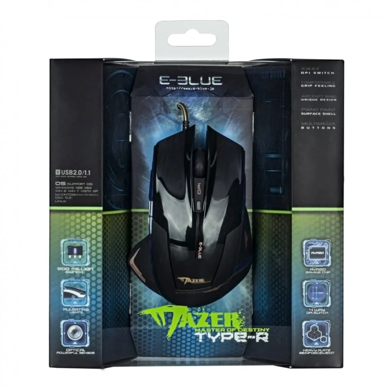 E-Blue Mysz Mazer R, 2400DPI, optyczna, 6kl., 1 scroll, przewodowa USB, czarna, do gry