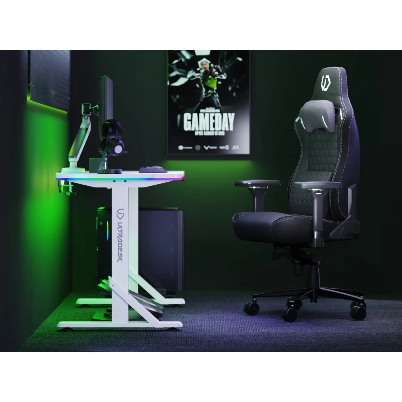 ULTRADESK Biurko dla gracza IRON WHITE, 132,5x60,5 cm, 71-81  cm, mechaniczna regulacja wysokości